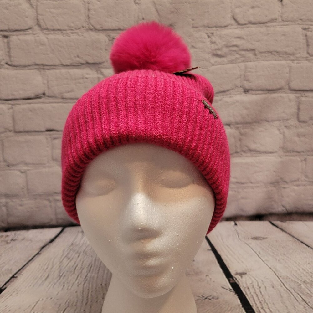 Steve Madden Women's Ribbed Furry Pom Pom Beanie- Pink